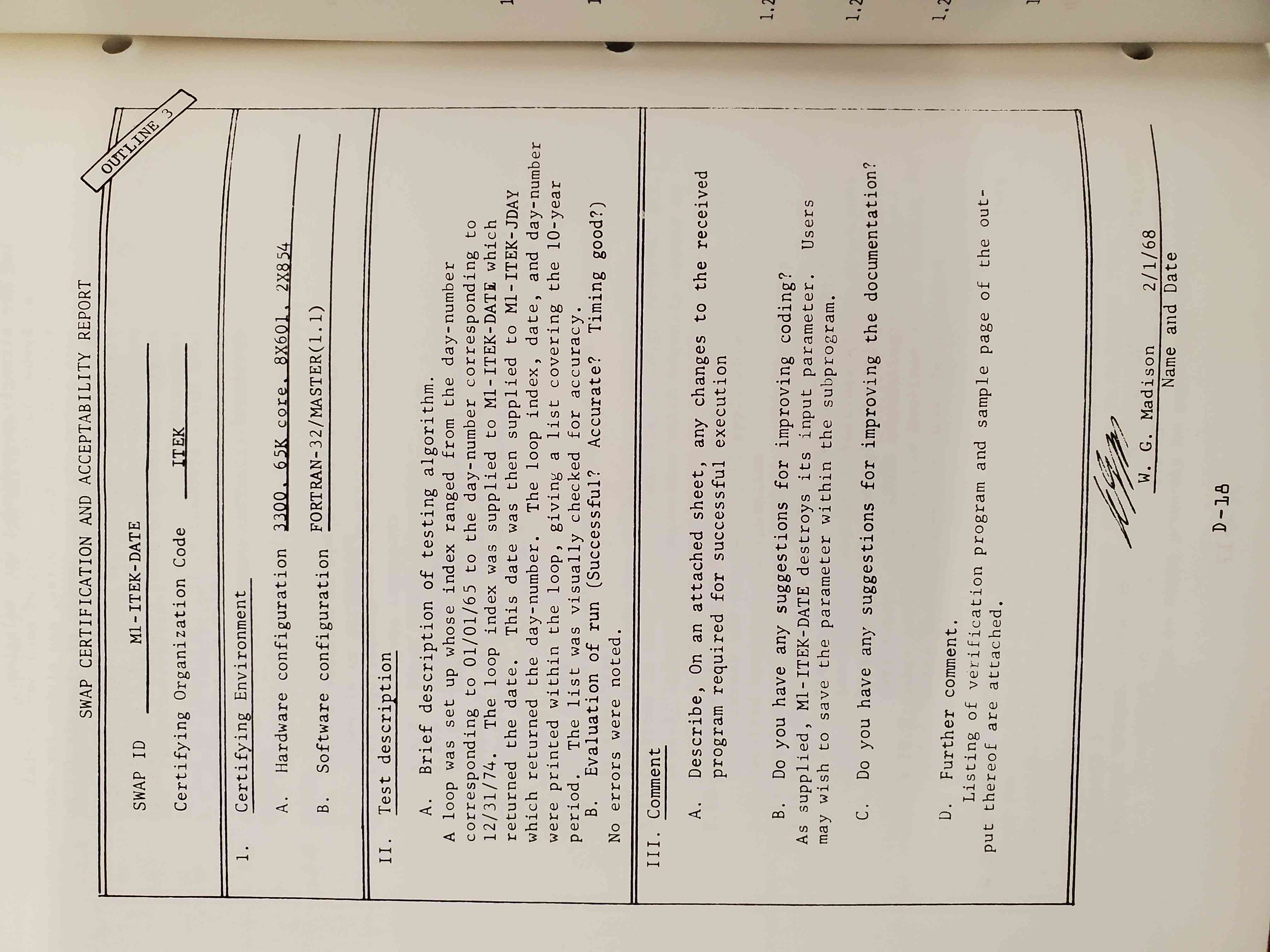 Form documenting tests and hardware used to check code